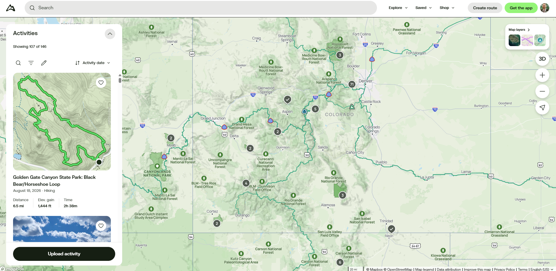 AllTrails activity overview map of Colorado, showing recorded activities as numbered clusters and individual tracks
