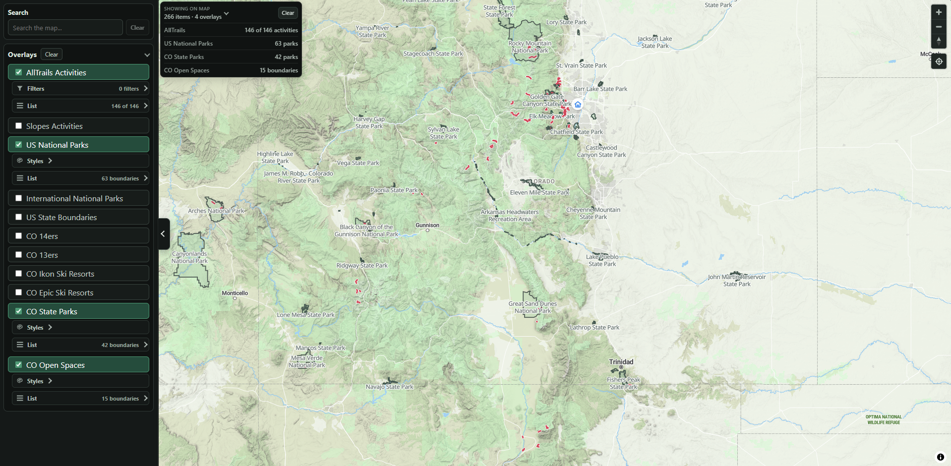 Atlas activity overview map of Colorado, showing all 146 activities as individual tracks alongside national parks, state parks, and open spaces