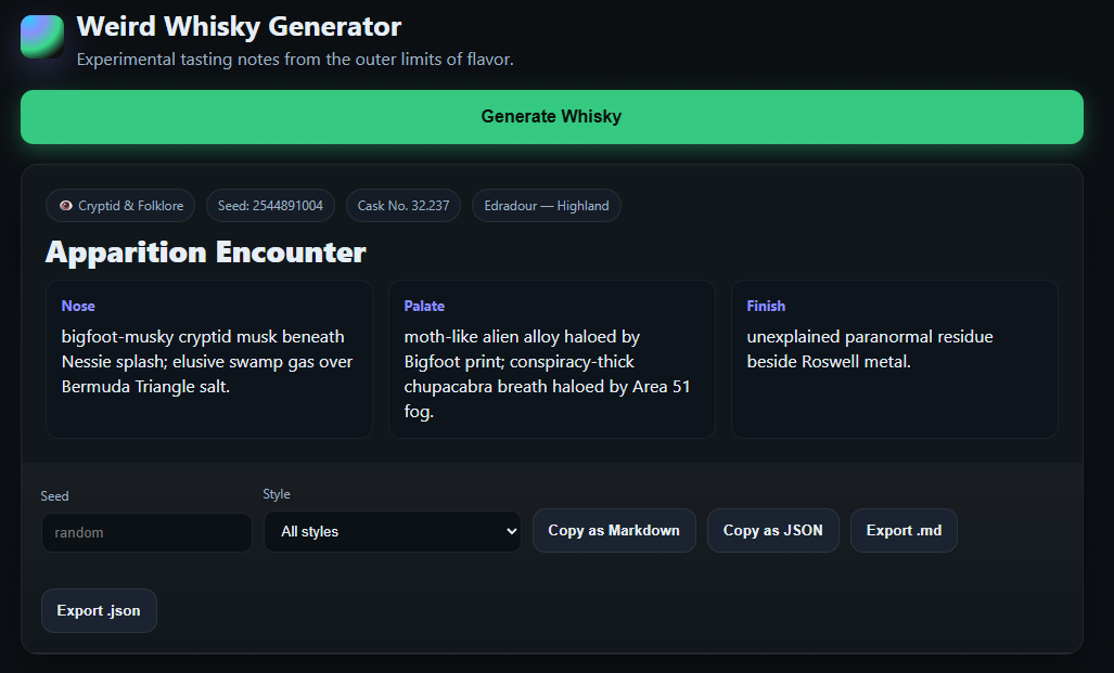 Weird Whisky Generator showing a Cryptid and Folklore tasting note