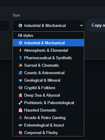 Style options available in the Weird Whisky Generator