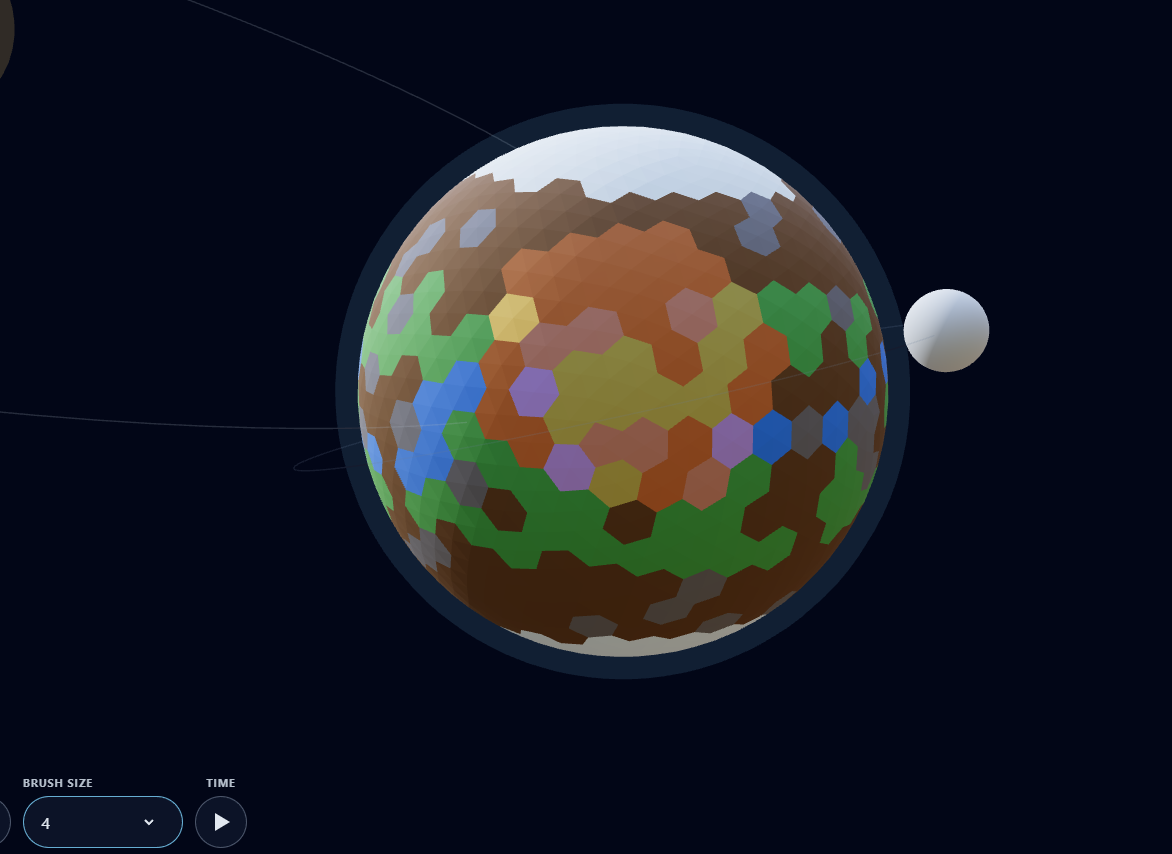 A close view of a planet painted with varied terrain types and brush size four