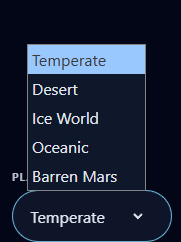 Planet preset menu with Temperate, Desert, Ice World, Oceanic, and Barren Mars options
