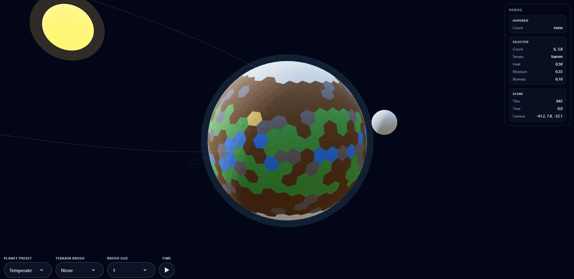 Terraforming Prototype showing a temperate tiled planet with its sun, moon, controls, and debug data