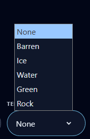 Terrain brush menu with Barren, Ice, Water, Green, and Rock options