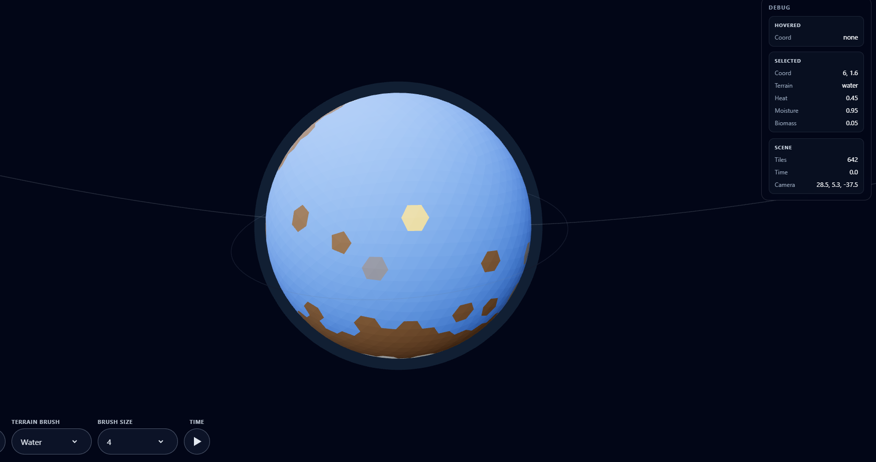 A mostly ocean-covered planet after painting its surface with the Water terrain brush