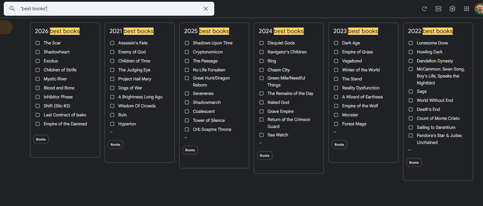 Google Keep search results showing yearly best-books checklists from 2021 through 2026